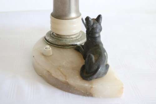 An incredible antique Art Deco marble table lamp with a bronze German Shepard dog