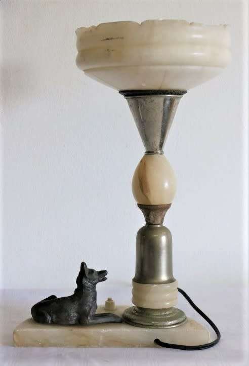 An incredible antique Art Deco marble table lamp with a bronze German Shepard dog