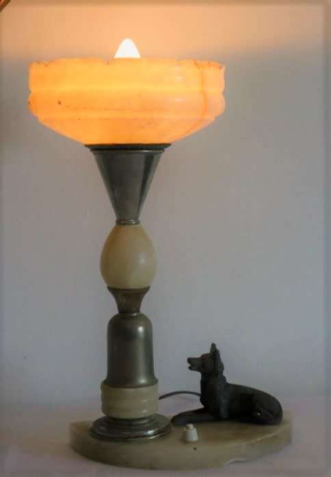 An incredible antique Art Deco marble table lamp with a bronze German Shepard dog