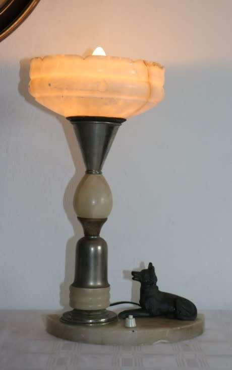 An incredible antique Art Deco marble table lamp with a bronze German Shepard dog