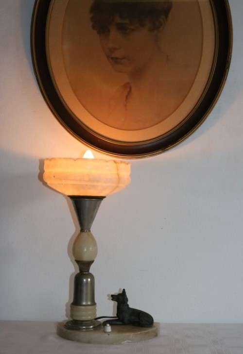 An incredible antique Art Deco marble table lamp with a bronze German Shepard dog