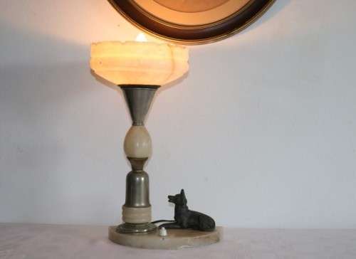 An incredible antique Art Deco marble table lamp with a bronze German Shepard dog