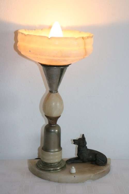An incredible antique Art Deco marble table lamp with a bronze German Shepard dog