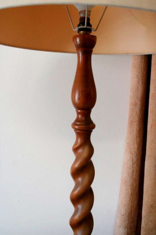 An exquisite tall solid Teak Barley-twist floor lamp with a large shade in working order