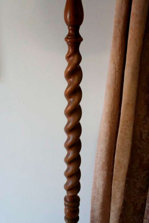 An exquisite tall solid Teak Barley-twist floor lamp with a large shade in working order