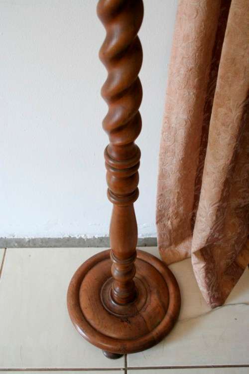 An exquisite tall solid Teak Barley-twist floor lamp with a large shade in working order