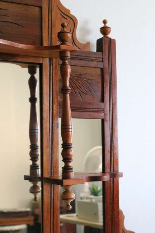 A beautiful antique Edwardian hand carved mahogany wall-mountable "over" mantle mirror