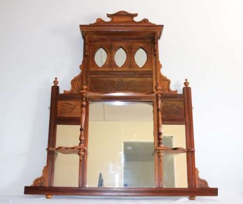 A beautiful antique Edwardian hand carved mahogany wall-mountable "over" mantle mirror