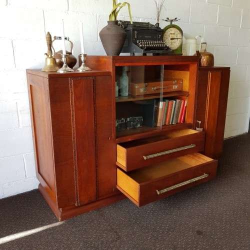 **RS17_Clearance** ART DECO teak 2-door, 2-drawer side server cabinet + glass door display
