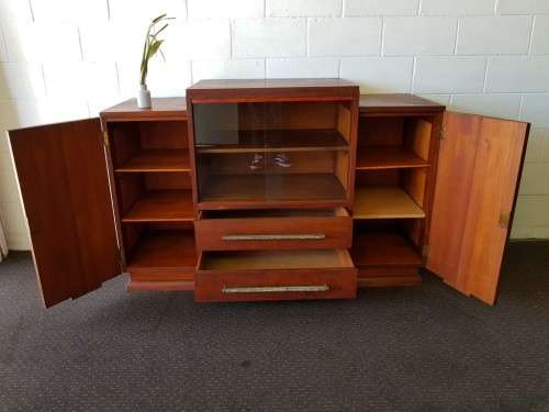 **RS17_Clearance** ART DECO teak 2-door, 2-drawer side server cabinet + glass door display