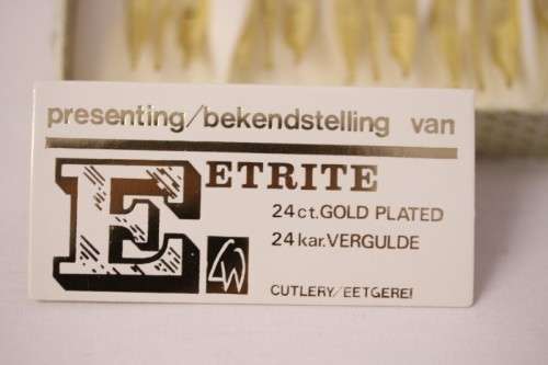 Awesome boxed set of 12x Eetrite 24K gold plated (on stainless steel) cake forks w/ blue rose decals