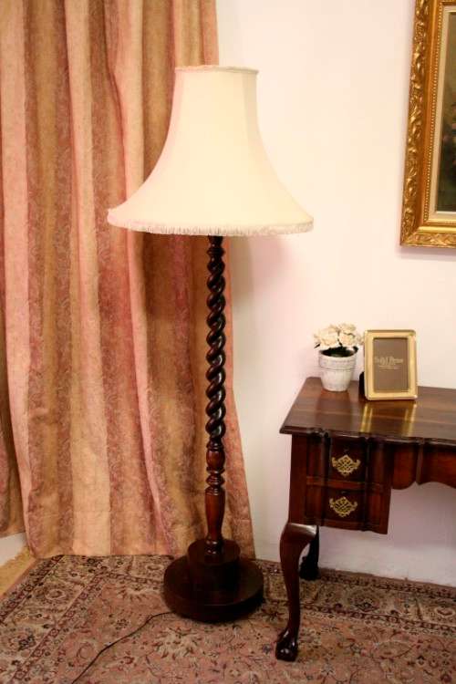 An exquisite tall solid Teak Barley-twist floor lamp with a large shade in working order
