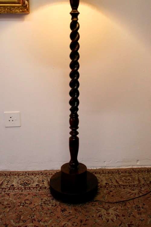 An exquisite tall solid Teak Barley-twist floor lamp with a large shade in working order