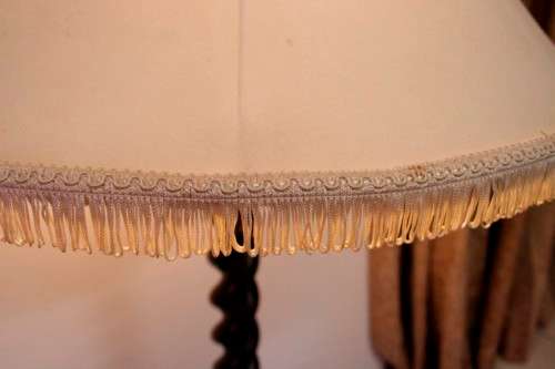 An exquisite tall solid Teak Barley-twist floor lamp with a large shade in working order