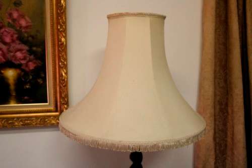 An exquisite tall solid Teak Barley-twist floor lamp with a large shade in working order