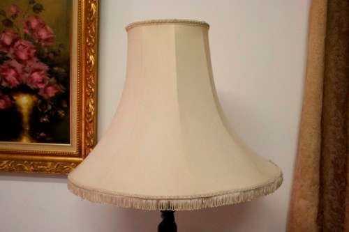 An exquisite tall solid Teak Barley-twist floor lamp with a large shade in working order