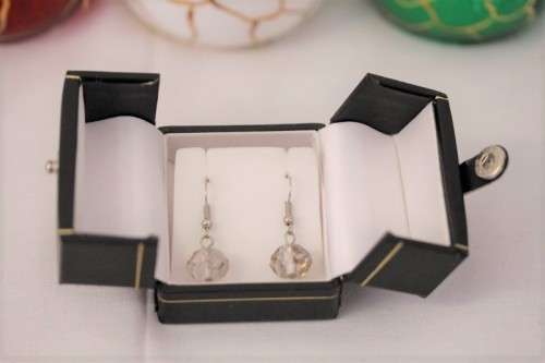 **RS17** A boxed pair of smokey quartz coloured glass-crystal ladies earrings in beautiful condition