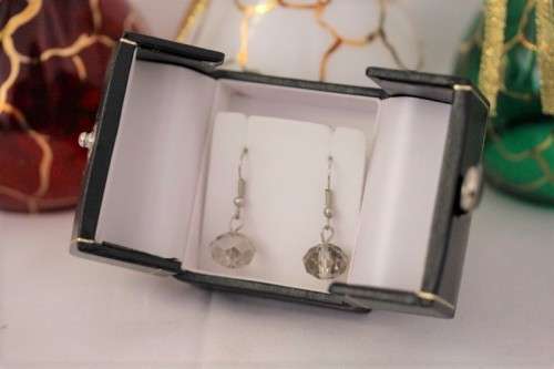 **RS17** A boxed pair of smokey quartz coloured glass-crystal ladies earrings in beautiful condition
