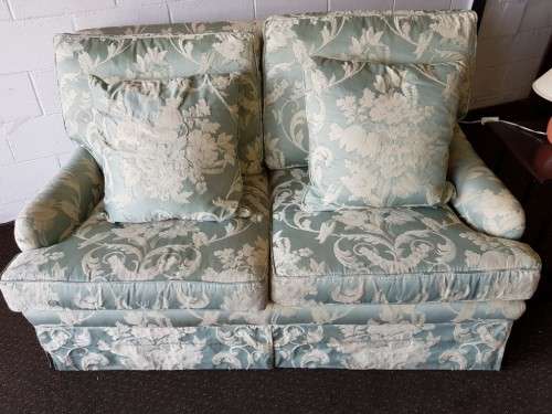 A wonderful vintage "Moorgas & Sons" Brocade fabric couch with cushions and a floral pattern on it!!