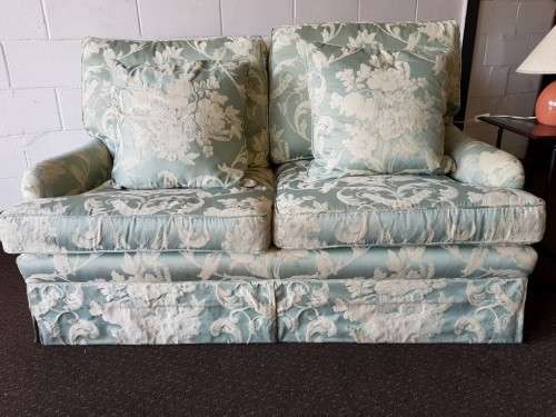 A wonderful vintage "Moorgas & Sons" Brocade fabric couch with cushions and a floral pattern on it!!