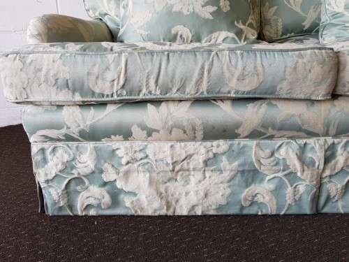 A wonderful vintage "Moorgas & Sons" Brocade fabric couch with cushions and a floral pattern on it!!