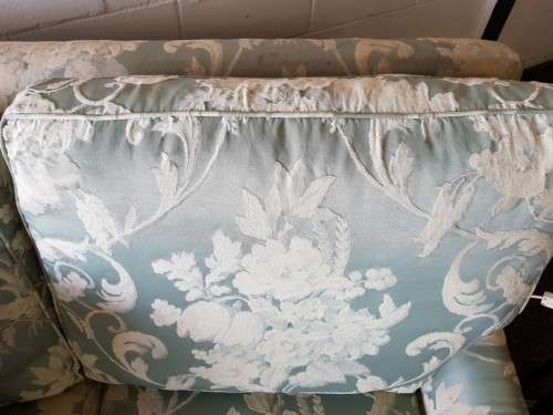 A wonderful vintage "Moorgas & Sons" Brocade fabric couch with cushions and a floral pattern on it!!