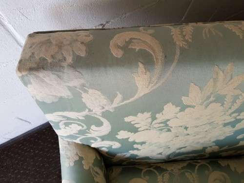 A wonderful vintage "Moorgas & Sons" Brocade fabric couch with cushions and a floral pattern on it!!