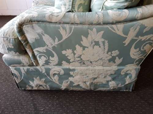 A wonderful vintage "Moorgas & Sons" Brocade fabric couch with cushions and a floral pattern on it!!