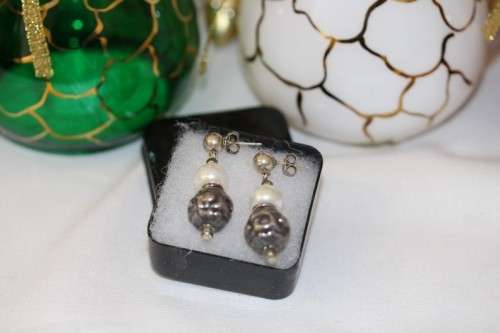 A beautiful pair of Vintage styled genuine cultured baroque pearl and ornate silver beaded earrings