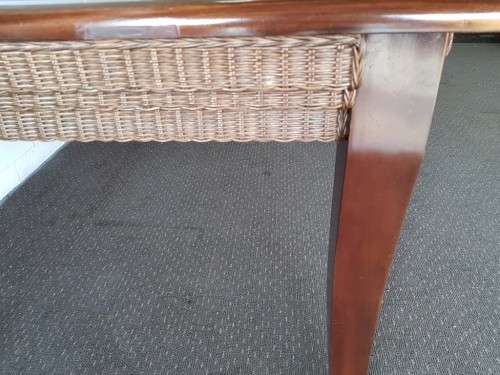 PRICE DRASTICALLY REDUCED!!! A 10-12 seater Mahogany & wicker table with a glass top!