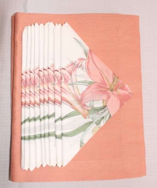 An incredible set of 8x original Thai Silk "Jim Thompson" Salmon pink table mats with silk napkins