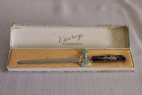 An awesome vintage "Viceroy" stainless steel letter opener with a stunning dragon handle in its box