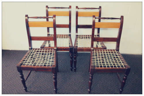 4x fabulous vintage solid Yellow wood & Imbuia riempie dining chairs price/chair - RS17Sale