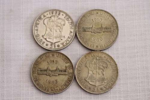 Four awesome 1910 - 1960 "Union of South Africa" "5 Shilling" silver coins (price per coin)