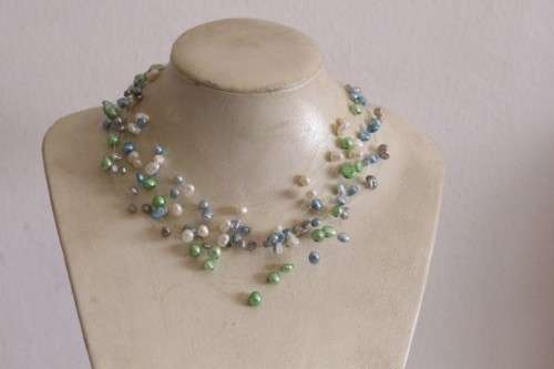 A superb white, blue, silver and green genuine pearl multi-strand ladies necklace w/ a silver clasp