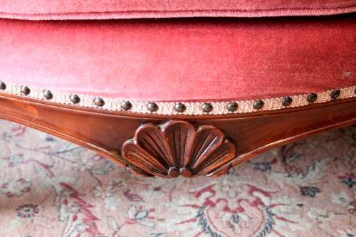 Two elegant hand carved Victorian arm chairs with deep button detailing & gorgeous pink fabric.
