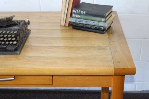 A magnificent "Marks and Spencer" modern Oak desk with metal feet caps and an uncomplicated design!!