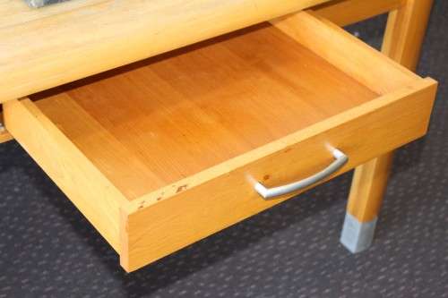 A magnificent "Marks and Spencer" modern Oak desk with metal feet caps and an uncomplicated design!!