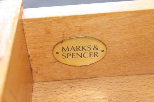 A magnificent "Marks and Spencer" modern Oak desk with metal feet caps and an uncomplicated design!!