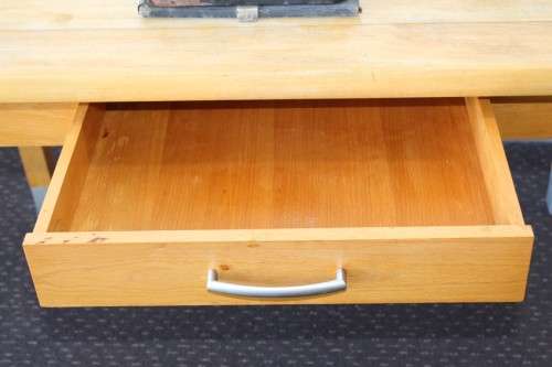 A magnificent "Marks and Spencer" modern Oak desk with metal feet caps and an uncomplicated design!!