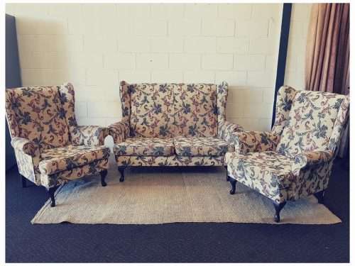 **RS17_Clearance** A beautiful floral upholstered Queen Anne style wing-back lounge suite
