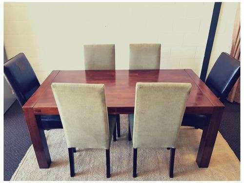 **RS17** A modern solid teak (180cm) dining table w/ 6x stylish upholstered high-back chairs