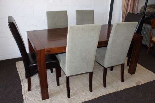 **RS17** A modern solid teak (180cm) dining table w/ 6x stylish upholstered high-back chairs