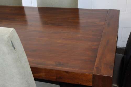 **RS17** A modern solid teak (180cm) dining table w/ 6x stylish upholstered high-back chairs