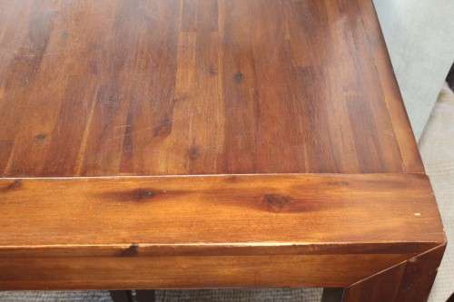 **RS17** A modern solid teak (180cm) dining table w/ 6x stylish upholstered high-back chairs