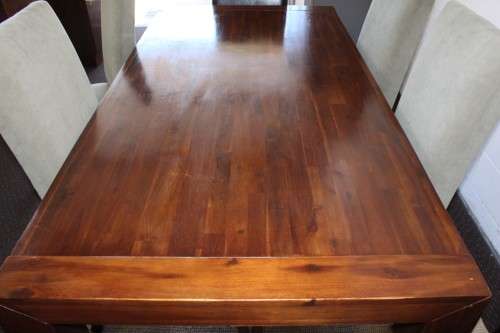 **RS17** A modern solid teak (180cm) dining table w/ 6x stylish upholstered high-back chairs