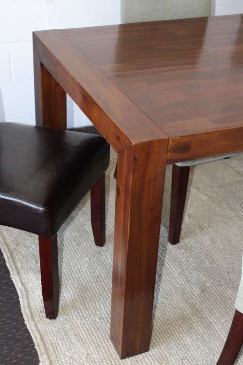 **RS17** A modern solid teak (180cm) dining table w/ 6x stylish upholstered high-back chairs