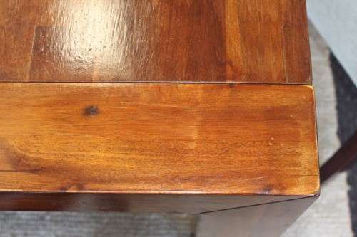 **RS17** A modern solid teak (180cm) dining table w/ 6x stylish upholstered high-back chairs