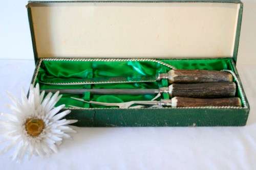 A stunning antique German made H Boker & Co "Tree brand" boxed genuine Antler handle carving set