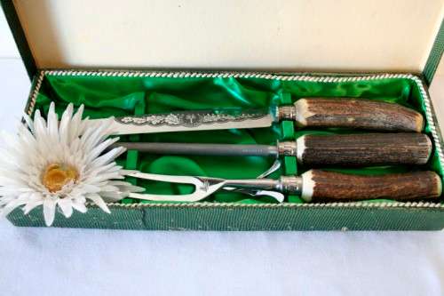 A stunning antique German made H Boker & Co "Tree brand" boxed genuine Antler handle carving set